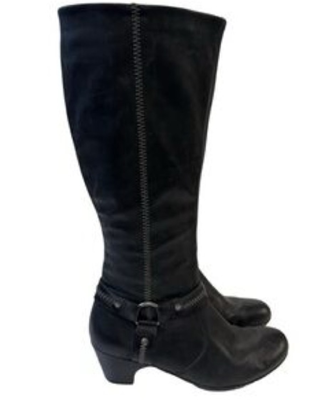 Rieker Black Knee-High Leather Heeled Boots with Buckle Strap 41